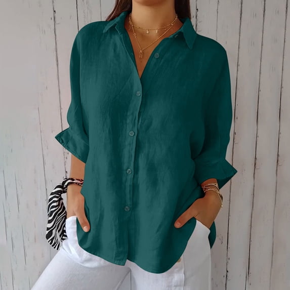 BVOFAR Cotton Linen Shirts for Women Casual Lapel Collar Button Down Shirts Summer 3/4 Length Sleeve Curved Hem T-Shirts Loose Solid Color Daily Blouses