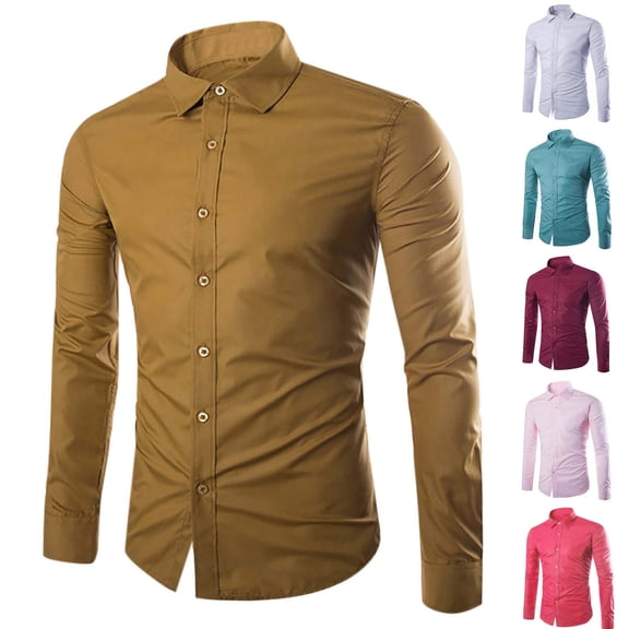 BVOFAR Cotton Long Sleeve Shirts for Men Button Up Collared Dress Shirts Slim Fit Solid Blouses Business Casual