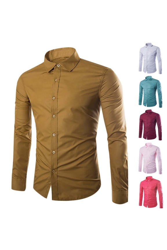 Cotton Long Sleeve Shirts for Men Button Up Collared Dress Shirts Slim Fit Solid Blouses Business Casual