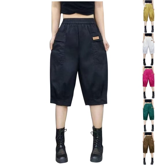 BVOFAR Cotton Shorts for Women Plus Size Knee Length Harem Bermudas Baggy Wide Leg Elastic High Waist Short Casual Summer Crop Trousers with PocketsYellowXXL