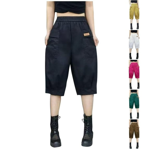 BVOFAR Cotton Shorts for Women Plus Size Knee Length Harem Bermudas Baggy Wide Leg Elastic High Waist Short Casual Summer Crop Trousers with PocketsYellowXXXXL