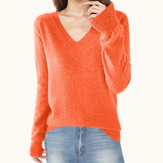 BVOFAR Cozy Sweaters for Women Casual Long Sleeve V Neck Knitted Jumpers Solid Color Fuzzy Slim Tops Fall Winter Tops