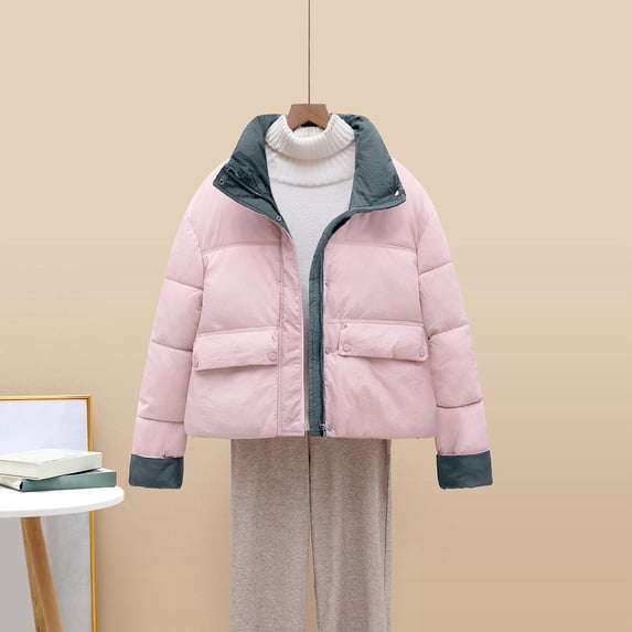 BVOFAR Cropped Puffer Jackets for Women Lightweight Zip Up Oversized Coats Warm Long Sleeve Color Block Coat Winter Casual Outwear