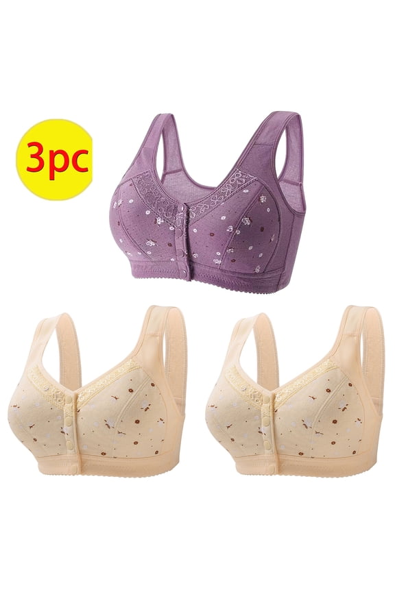 Daisy Bra for Older Women 2025 Front Closure Comfy Bras Plus Size Breathable Bra No Wire Everyday Gather Bras 3 Pack