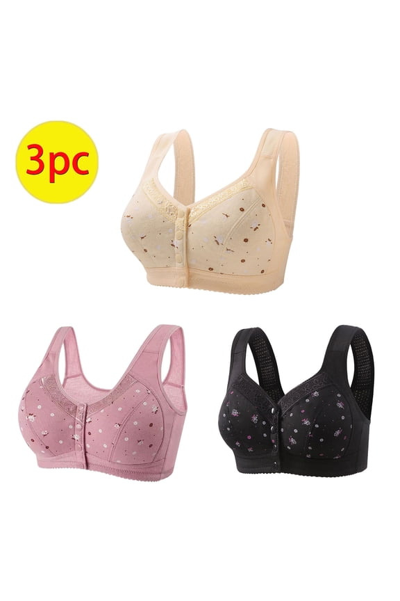 Daisy Bras for Women No Underwire Front Closure Comfort Bra Plus Size Breathable Bras Full Coverage Everyday Bra 3 Pcs