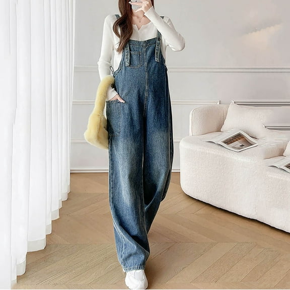 BVOFAR Denim Jumpsuits for Women Casual Stretch Adjustable Straps Overalls Loose Fit Straight Wide Leg Jeans Pants with Pockets