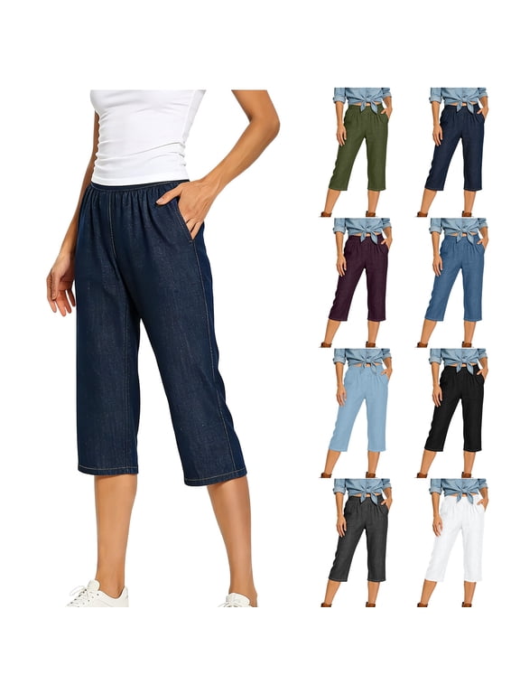 Denim Print Capri Pants for Women with Pockets Wide Leg High Waisted Cropped Pant Pull On Stretchy Look Like Jean Capris Loose Fit Pedal Pushers White S