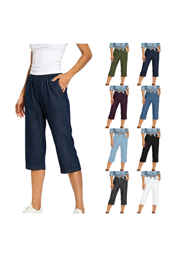 Denim Print Capri Pants for Women with Pockets Wide Leg High Waisted Cropped Pant Pull On Stretchy Look Like Jean Capris Loose Fit Pedal Pushers White XL