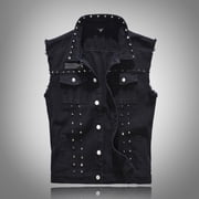 BVOFAR Denim Vest Jackets for Men Big and Tall Sleeveless Ripped Jean Vest Vintageg Rivet Punk Tops Button Down Jacket Hip Hop Streetwear Black XL