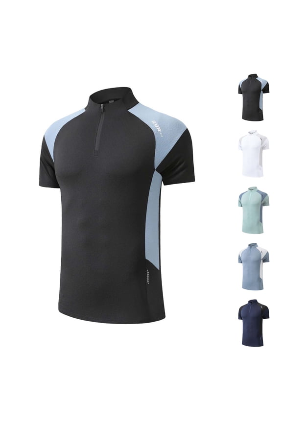 Dry Fit Active Shirts for Men Quater Zip Short Sleeve Athletic T Shirt Slim Fit Quick Dry Cycling Tees Lightweight Color Block Performance Golf Tops Navy XXL
