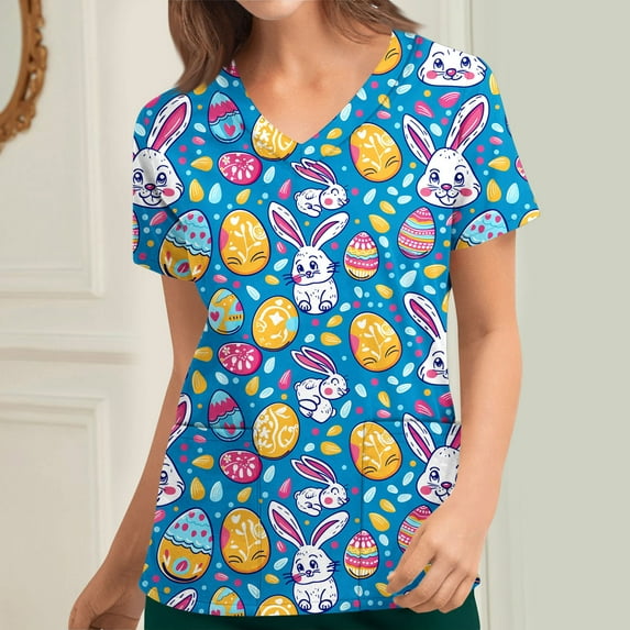 BVOFAR Easter Scrub Tops for Women Bunny Eggs Print Tops Short Sleeve V Neck Stretchy Scrubs Holiday Nurse Working Uniform with Pockets