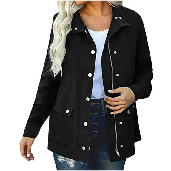 BVOFAR Fall Jackets for Women Trendy Zip Up Cotton Boyfriend Coats Lightweight Long Sleeve Pockets Safari Coat Y2K Vintage Outwear