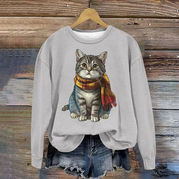 BVOFAR Fall Sweatshirts for Women 2024 Casual Cute Cat Print Tops Trendy Long Sleeve Round Neck Pullover Soft Comfy Sweatshirt