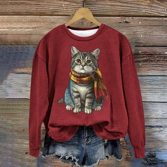 BVOFAR Fall Sweatshirts for Women 2024 Casual Cute Cat Print Tops Trendy Long Sleeve Round Neck Pullover Soft Comfy Sweatshirt