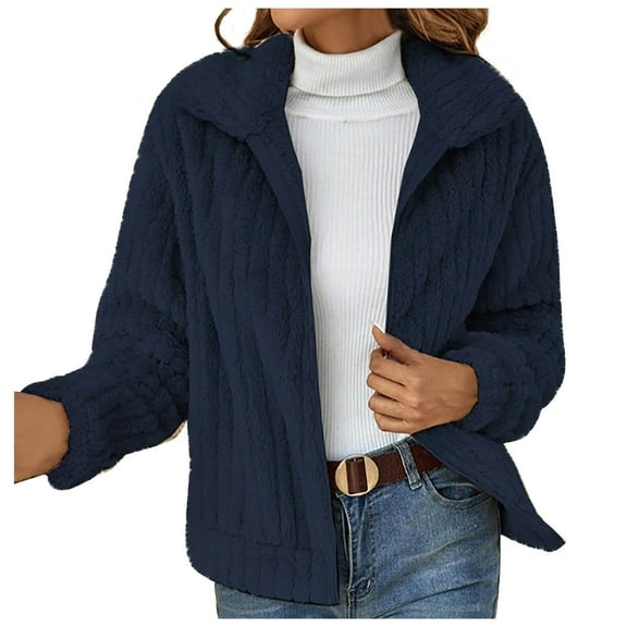 BVOFAR Fall Winter Furry Cardigans Trendy Lapel Collar Long Sleeve Jackets Full Zipper Warm Short Jacket Plush Fleece Casual Coats