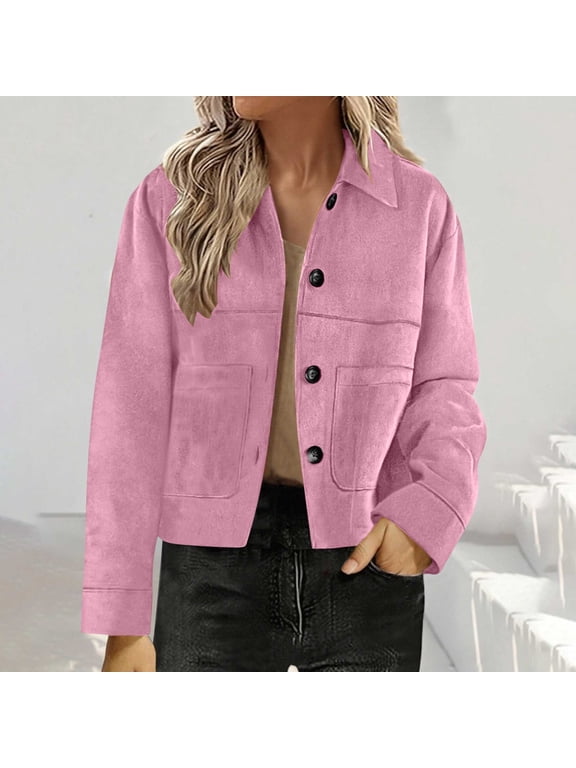 Faux Suede Jackets for Women Lightweight Long Sleeve Cropped Jacket Fall Fashion Button Down Coats With Pockets Pink XL