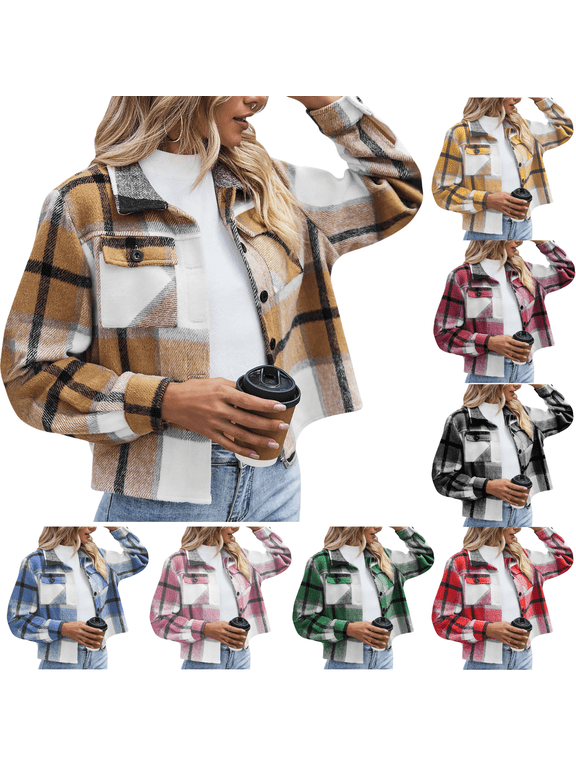 Flannel Shirts for Women Cropped Shacket Jacket Fashion Plaid Button Down Shirt Casual Fall Coat Tops Black XXL