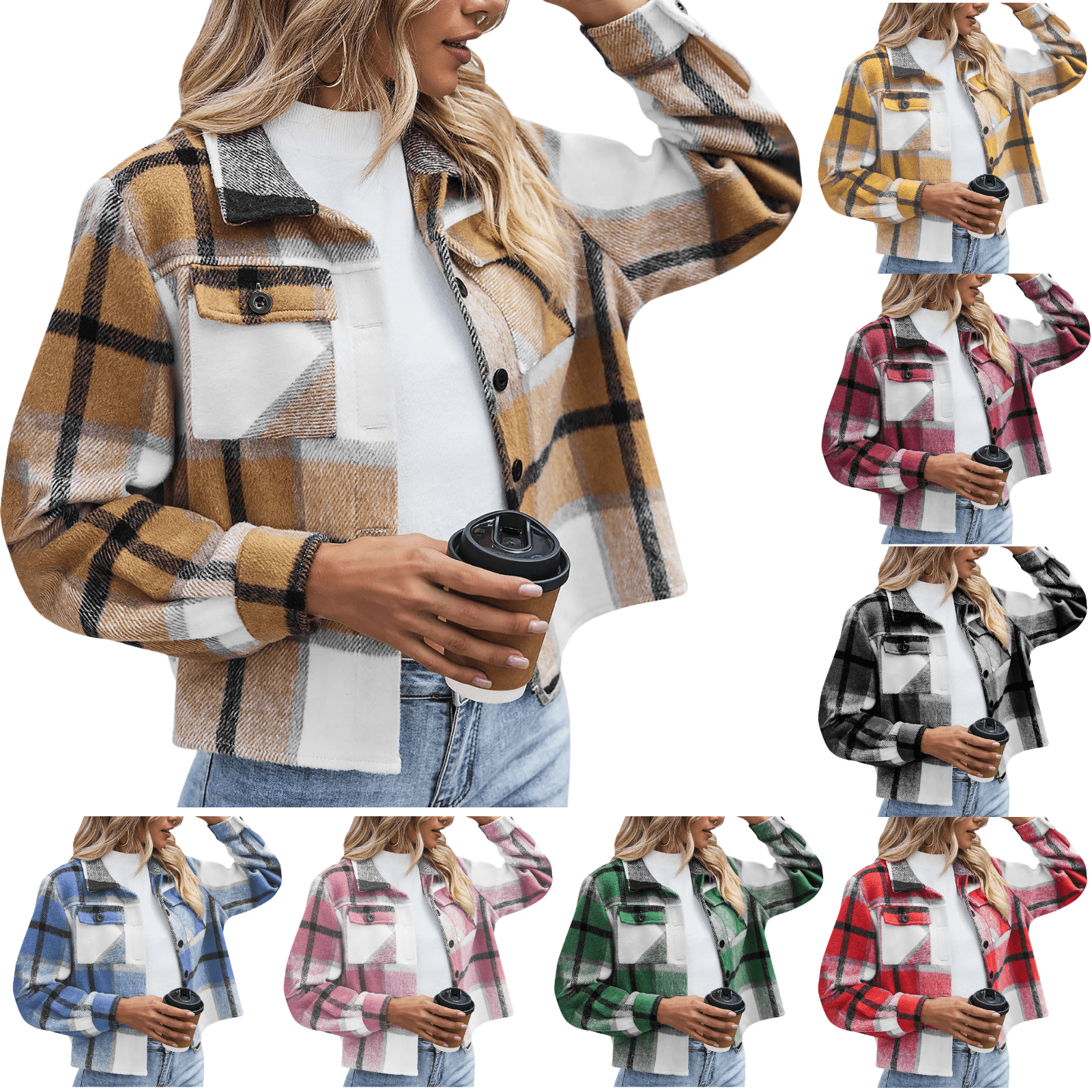 BVOFAR Flannel Shirts for Women Cropped Shacket Jacket Fashion Plaid ...