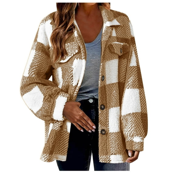 BVOFAR Flannel Shirts for Women Fuzzy Fleece Plaid Button Down Jackets Lapel Long Sleeve Shirt Fall Trandy Coat