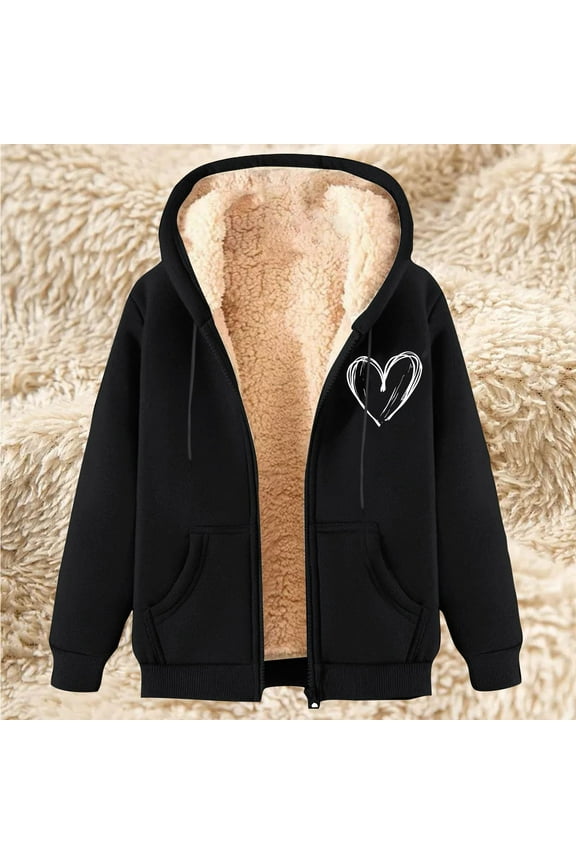 Fleece Hoodies for Women Zip Up Heart Print Hooded Jackets Warm Sherpa Drawstring Coats Winter Thermal Jacket