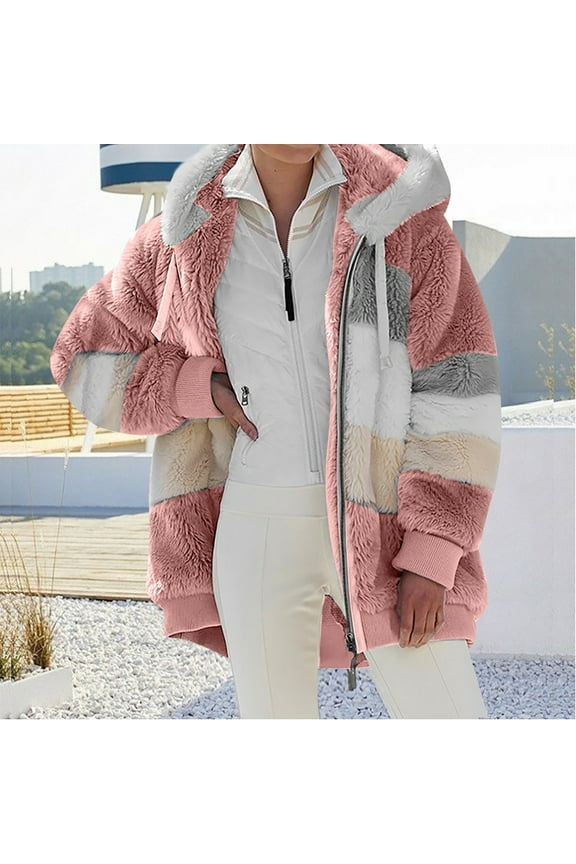 Fleece Jacket for Women Fuzzy Long Sleeve Hooded Coats Chunky Plus Size Plush Cardigan Coats Winter Warm Outwear