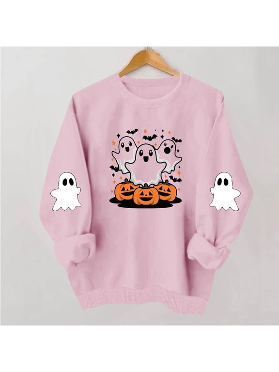 Halloween Sweatshirts Women Cute Ghost Print Pullovers Stretch Work Round Neck Long Sleeve Sweater Tops Halloween Costumes Pink XXL