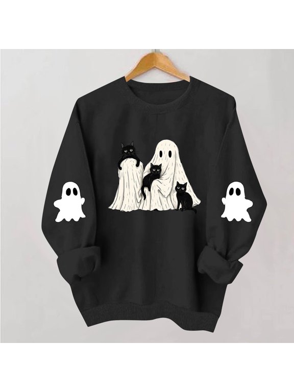 Halloween Sweatshirts Women Cute Ghost Print Pullovers Trendy Holiday Round Neck Long Sleeve Sweater Tops Halloween Costumes Black XXL