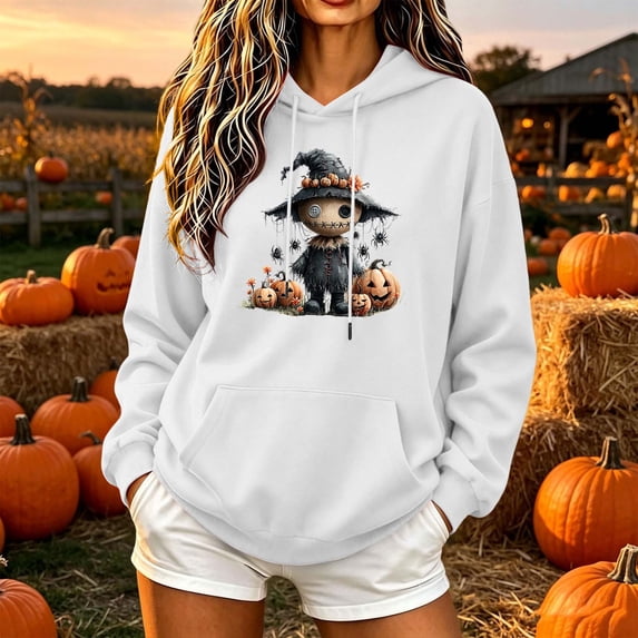 BVOFAR Halloween Sweatshirts Women Cute Pumpkin Print Pullover Hoodies Trendy Classic Long Sleeve Sweater Tops Halloween Costumes White M