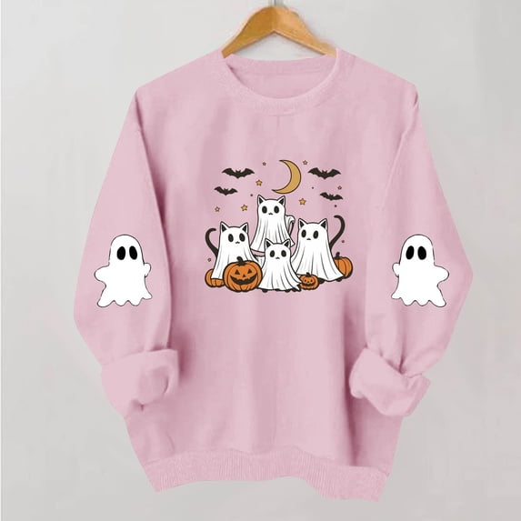 BVOFAR Halloween Sweatshirts for Women Plus Size Ghost Graphic Pullovers Fall Going Out Round Neck Long Sleeve Sweater Tops Halloween Costumes Pink L