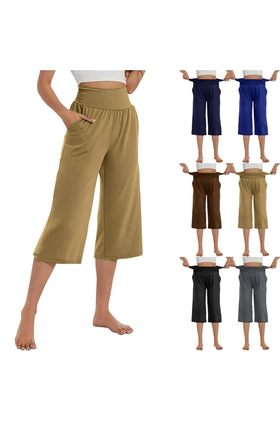 High Waist Capri Pants for Women Wide Leg Tummy Control Yoga Pants with Pockets Comfy Athletic Workout Cropped Pant Black XL