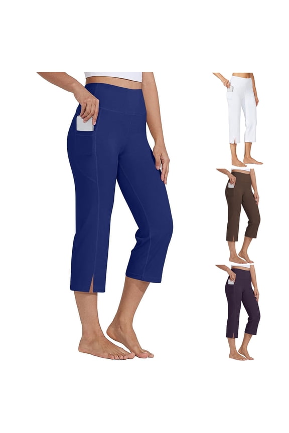 High Waist Yoga Capris for Women Stretch Tummy Control Workout Cropped Trousers with Pockets Soft Straight Leg Side Split Crop PantBlueL