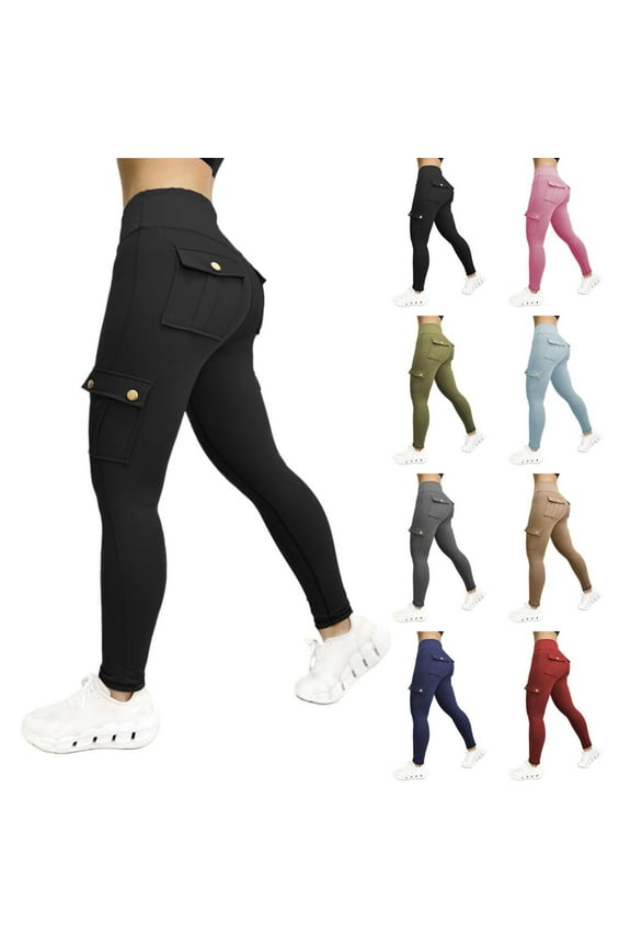 High Waisted Cargo Pants for Women Skinny Tummy Control Yoga Pant Stretch Hiking Workout Trousers Gym Running Legging with Multi-Pockets