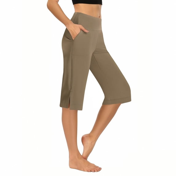 BVOFAR High Waisted Yoga Capris for Women Stretchy Tummy Control Workout Capri Pants with Pockets Comfy Split Hem Cropped Trousers Summer Clothes Khaki XXL