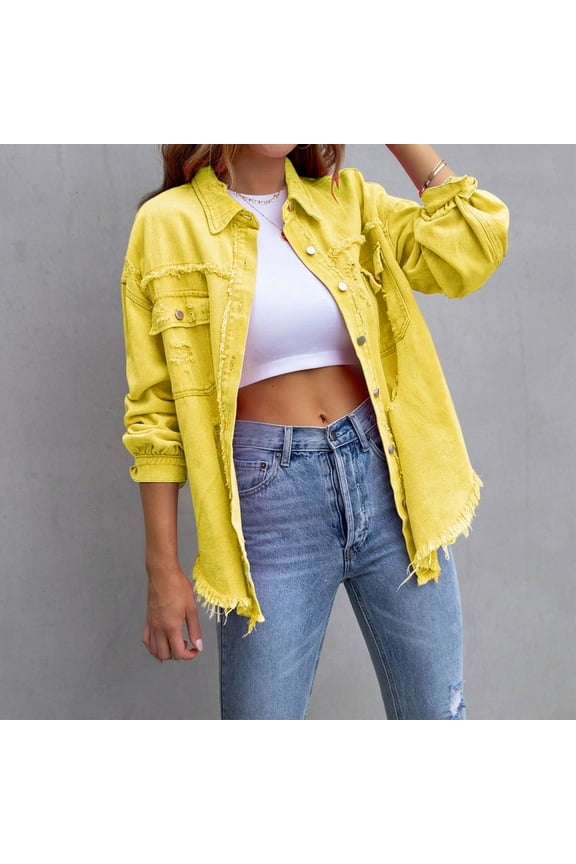 Jean Jackets for Women Trendy Long Sleeve Ripped Denim Jacket Lightweight Button Down Frayed Hem Coats Boyfriend Western Shacket with Pockets