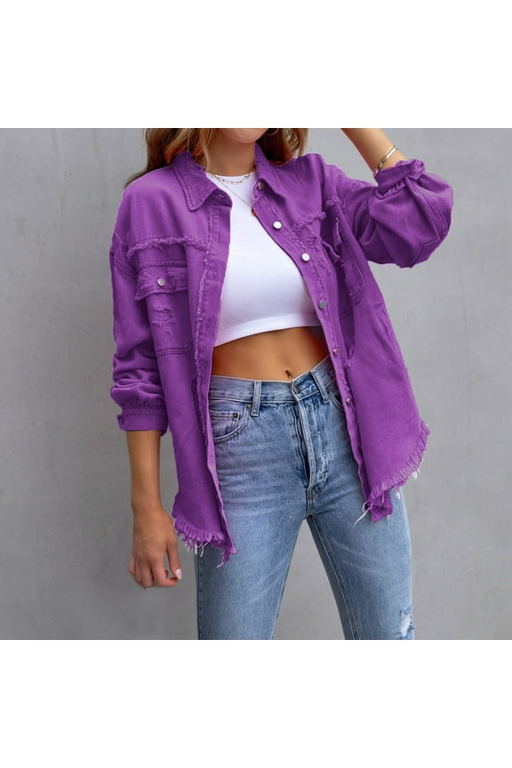 Jean Jackets for Women Trendy Long Sleeve Ripped Denim Jacket Lightweight Button Down Frayed Hem Coats Boyfriend Western Shacket with Pockets