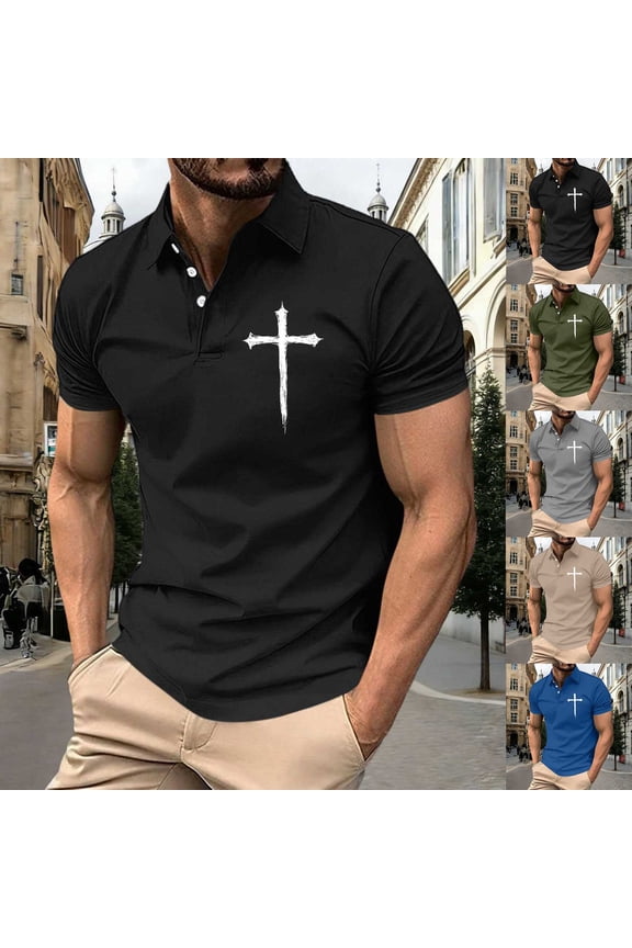 Jesus Saves Cross Golf Shirts for Men Christian Minimal Religious Faith Shirt Relaxed Fit Henley T Shirt Vintage Graphic Tees Black M