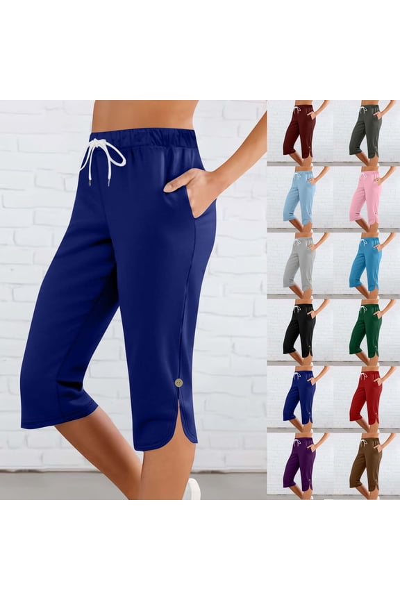 Ladies Capri Pants Elastic Waist Drawstring Capris Summer Knee Length Side Split Crop Trousers Athletic Shorts for Running Blue XXL