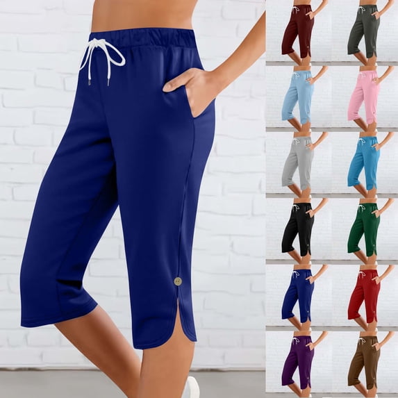 BVOFAR Ladies Capri Pants Elastic Waist Drawstring Capris Summer Knee Length Side Split Crop Trousers Athletic Shorts for Running Green XXL