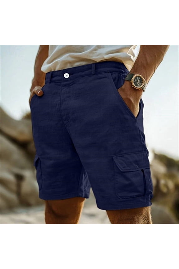 Linen Blend Shorts for Men 7 Inch Flat Front Cargo Shorts with Multi-Pockets Relaxed Fit Summer Beach Resort Wear Dark Blue M