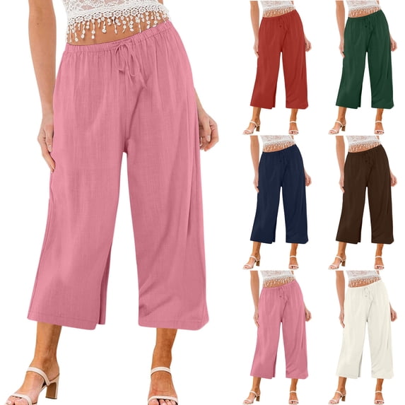 BVOFAR Linen Capri Palazzo Pants for Women Baggy Wide Leg Beach Capris Casual Drawstring Cropped Trousers with Pockets Orange XL