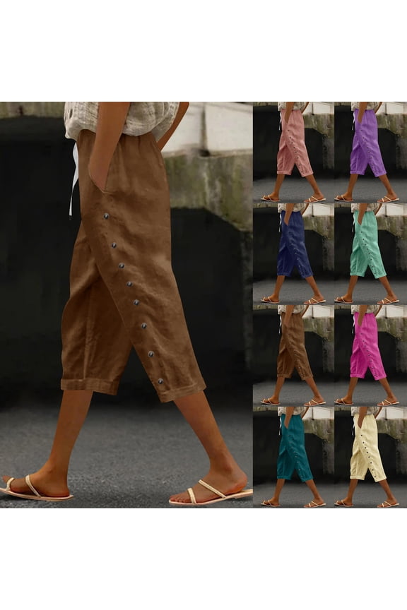 Linen Capri Pants for Women Dressy Casual Elastic High Waisted Crop Pant Comfy Solid Color Pinstripe Trousers with Pockets Pull On Pedal Pushers Blue XL