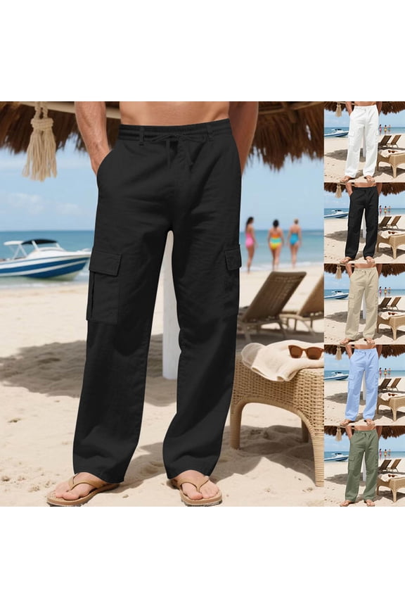 Linen Pants for Men Summer Loose Fit Lightweight Drawstring Pant Elastic Waist Casual Beach Trousers with Pockets Comfy Lounge Trouser Black XXXL