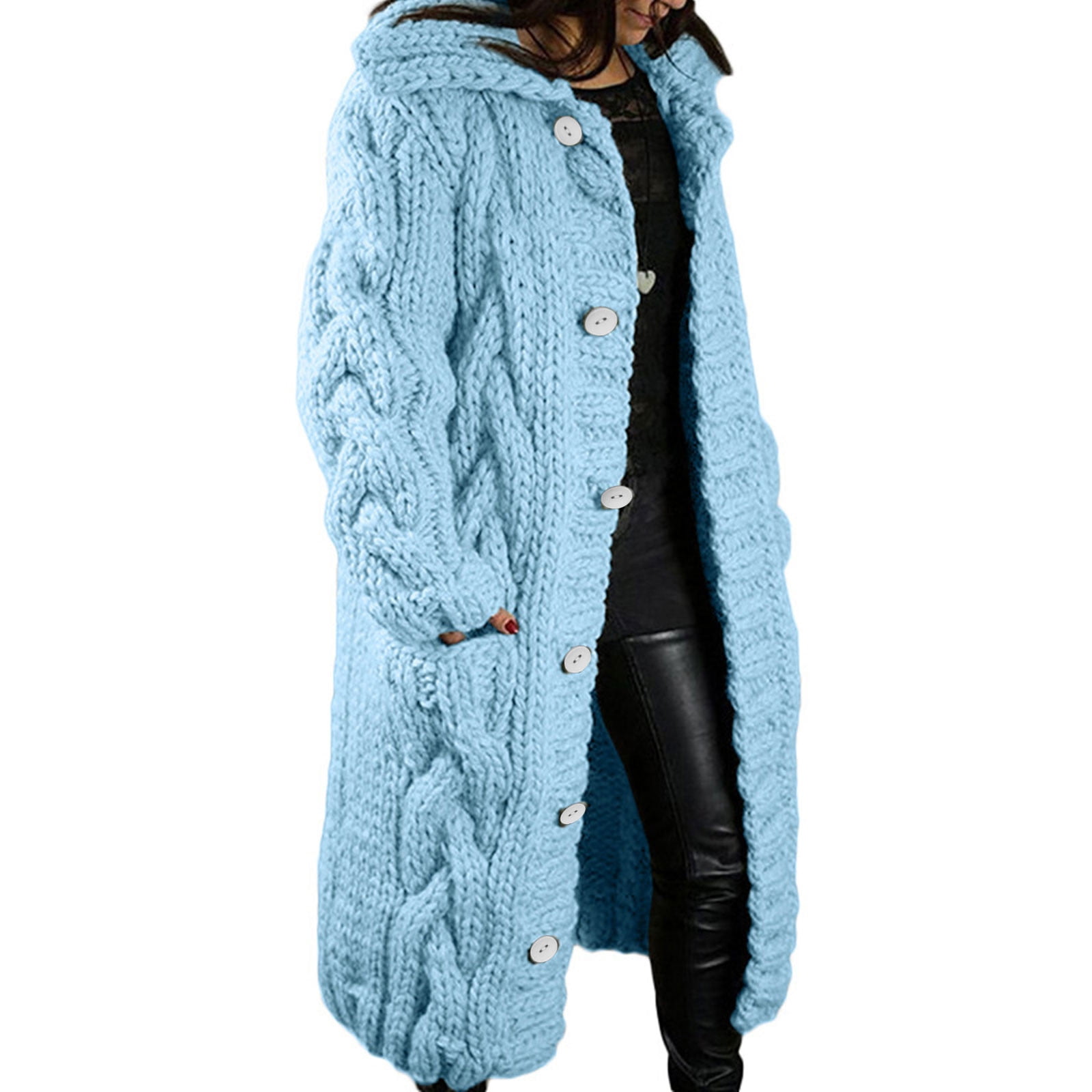 Long Cardigan Sweaters for Women Chunky Cable Knit Open Front Sweaters Coat Plus Size Winter Warm Button Down Hooded Coats Thermal Heavyweight Outdoor Jackets