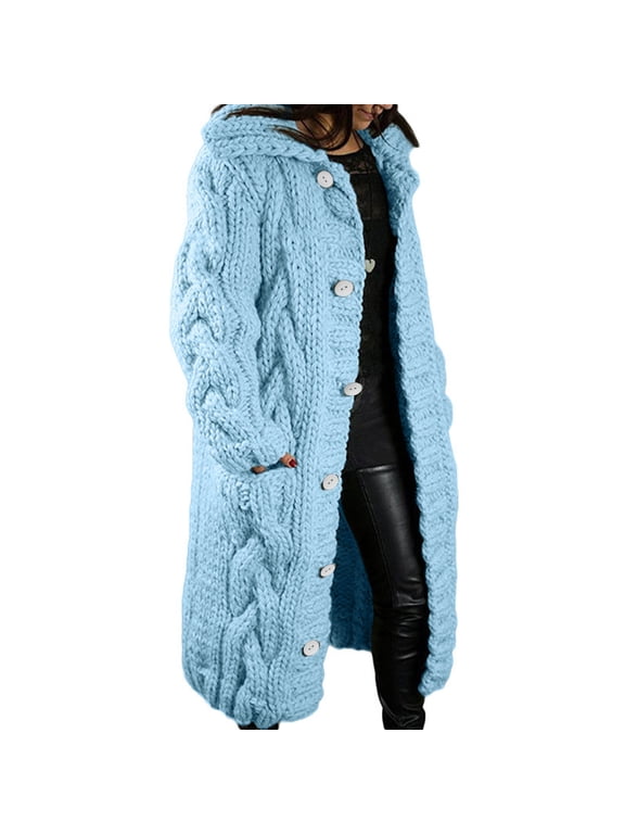 Long Cardigan Sweaters for Women Chunky Cable Knit Open Front Sweaters Coat Plus Size Winter Warm Button Down Hooded Coats Thermal Heavyweight Outdoor Jackets