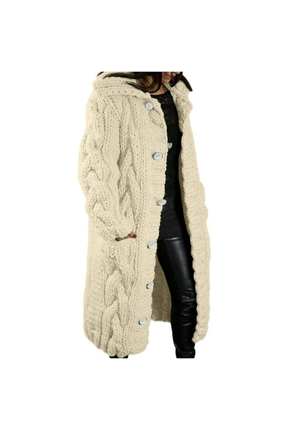 Long Cardigan Sweaters for Women Chunky Cable Knit Open Front Sweaters Coat Plus Size Winter Warm Button Down Hooded Coats Thermal Heavyweight Outdoor Jackets