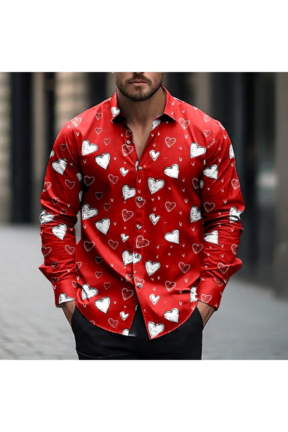 Long Sleeve Dress Shirts for Men Valentines Day Heart Print Shirt Loose Fit Button Down Blouses Romantic Date Tops