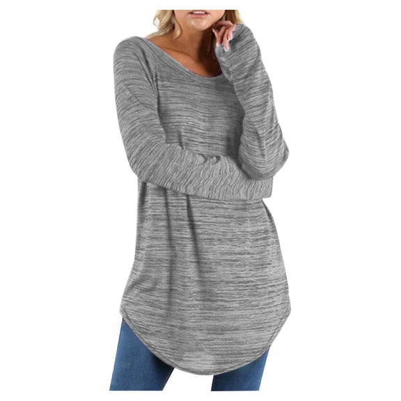 BVOFAR Long Tunic Tops for Women to Wear with Leggings Dressy Casual Round Neck Tops Fall Solid Color Long Sleeve Shirts Swing Curved Hem Plus Size Blouses