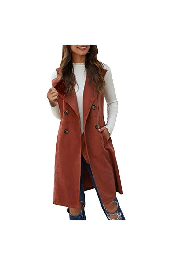 Long Vest Trench Coat for Women Casual Double Breasted Sleeveless Tank Jackets Fashion Notch Lapel Lightweight Coats Fall Trandy Outwear