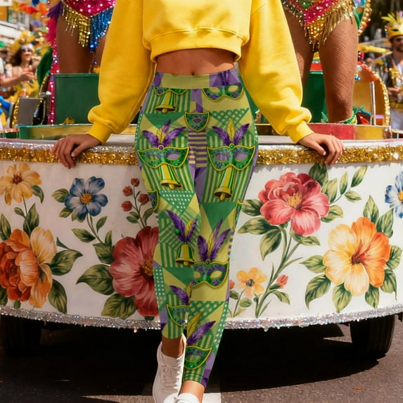 BVOFAR Mardi Gras Leggings for Women Purple Green Yellow High Waist Yoga Pants Carnival Season Mask Graphic Tights Fat Tuesday Outfit