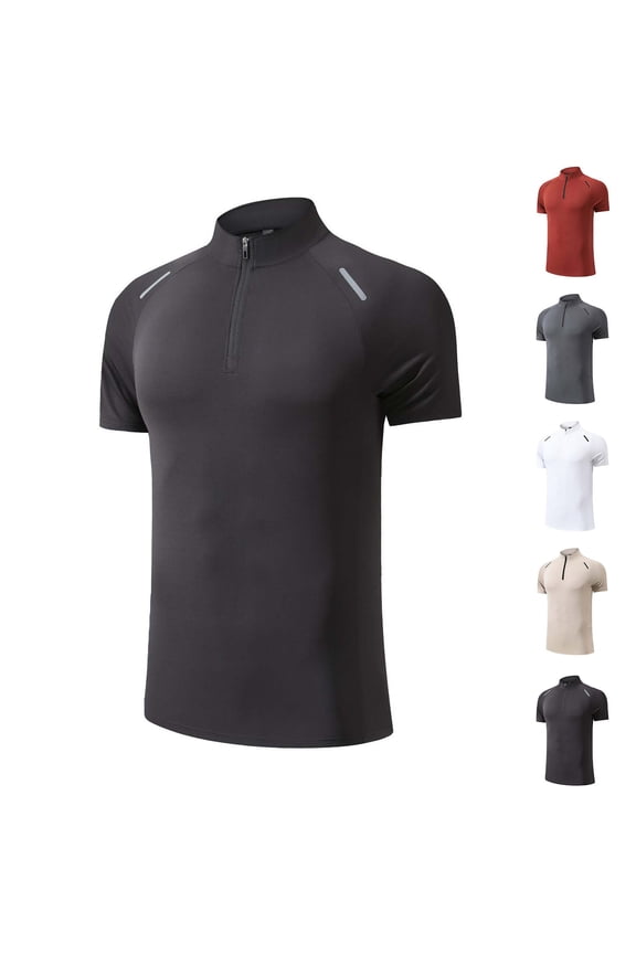 Men Dry Fit Athletic Shirts Short Sleeve Zipper T Shirt Breathable Cooling Tees Lightweight Running Workout Cycling Tops Red L
